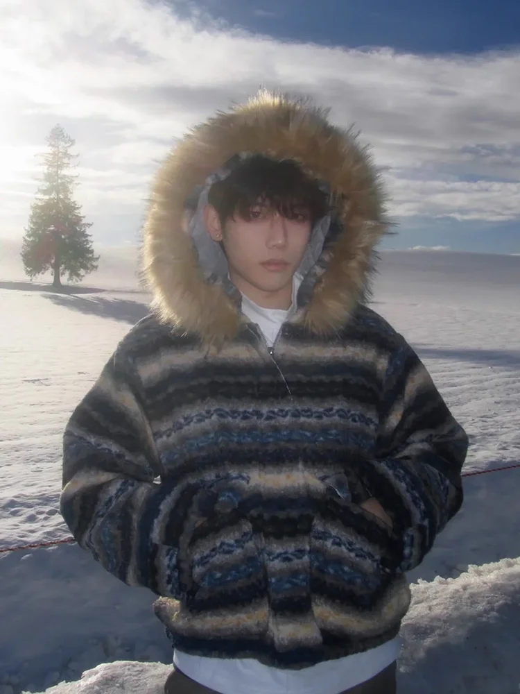 

Retro Fair Isle Color Blo Hat Hooded Cotton Jaet Men's Detachable Fur Collar Casual CleanFit Long Sve Youth Faion