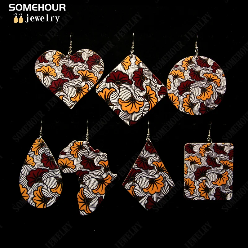 SOMEHOUR African Fabric Print Boho Wooden Drop Earrings For Women Gifts Geometric Flowers Pendant Vintage Wood Dangle Jewelry