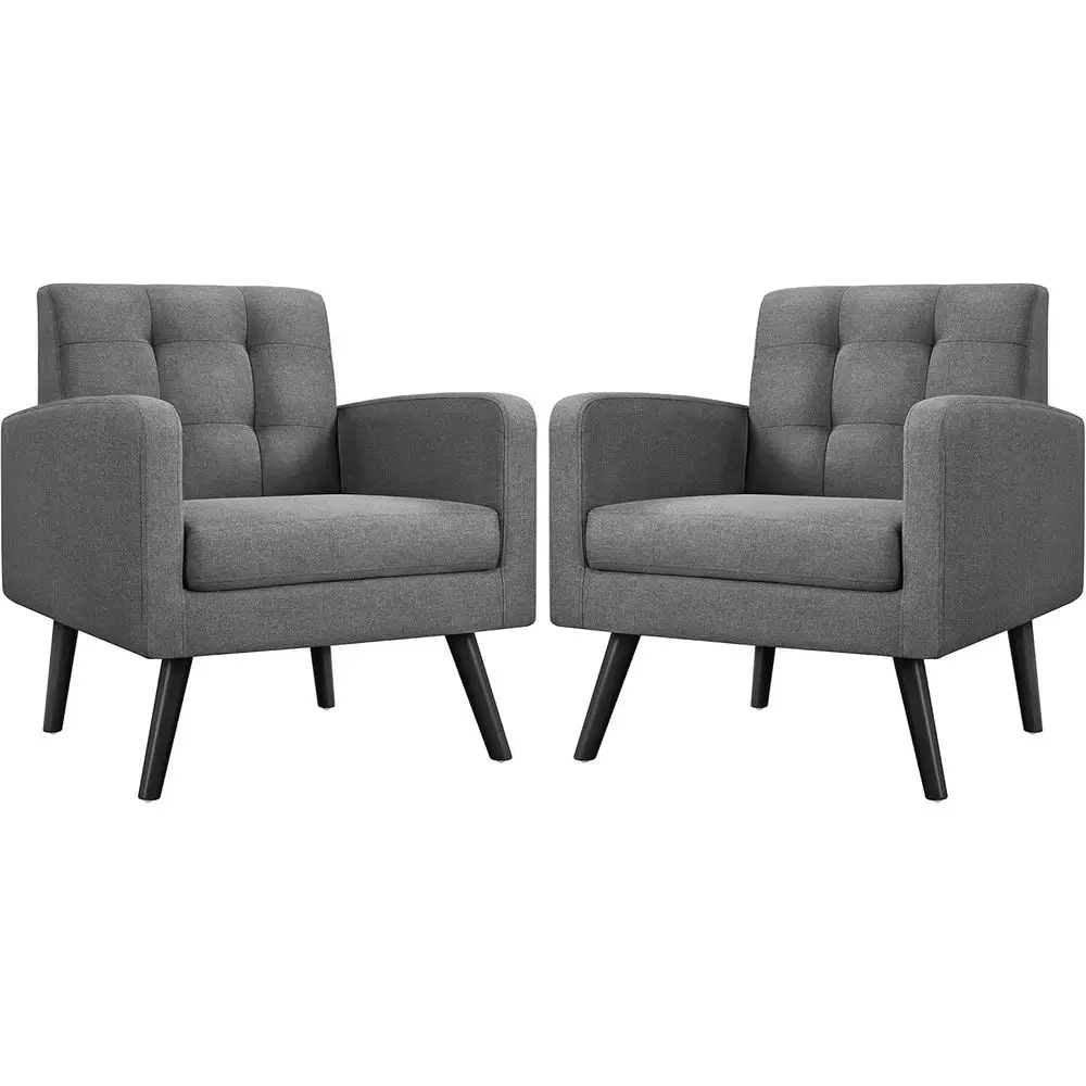 

Mid-Century Style Accent Chairs, Upholstered Cozy Armchair with Button-Tufted Back, Wood Legs, Set of 2, Gray