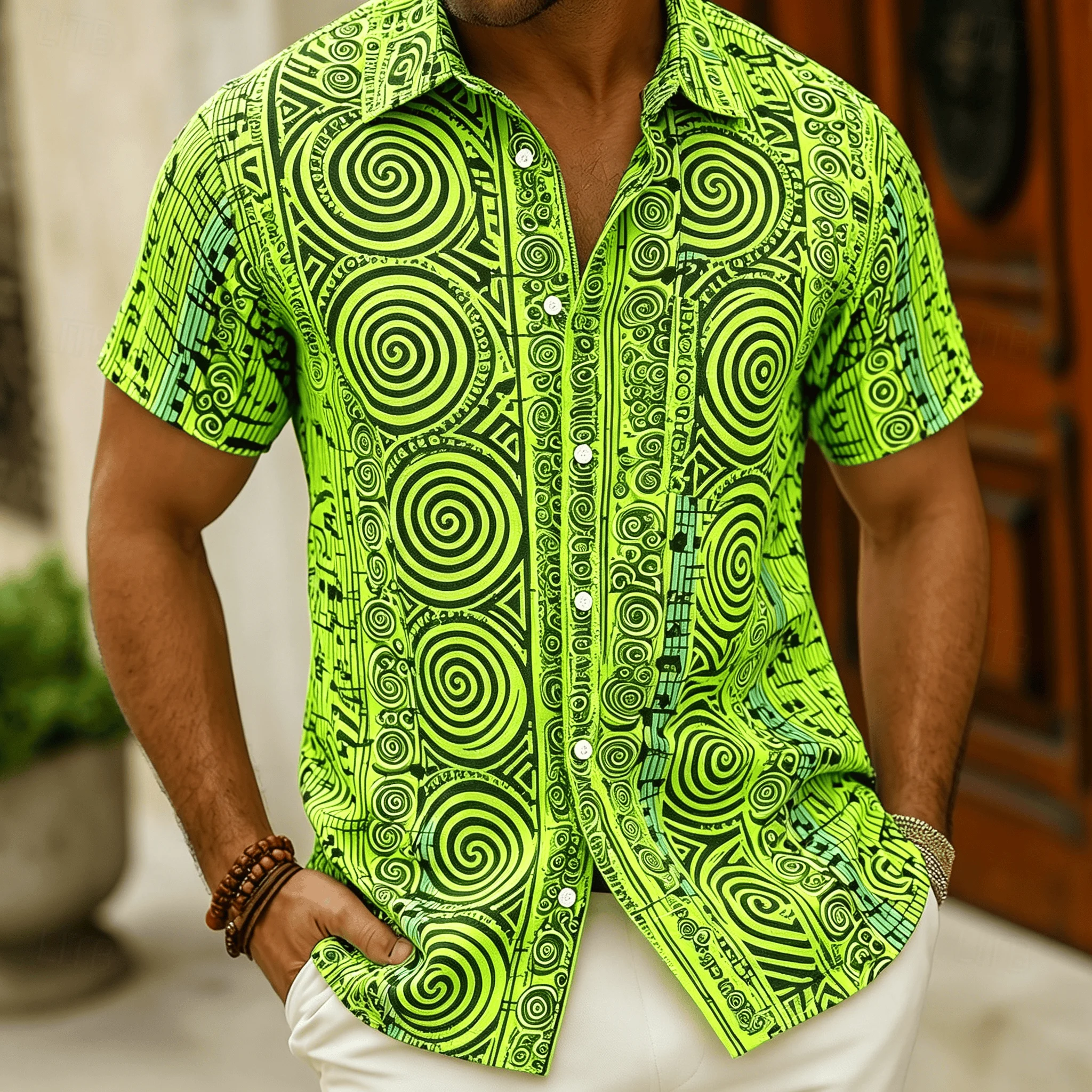 

Men's Polynesian Tribal Print Short Sleeve Shirt, Bright Green Ethnic Style for Summer