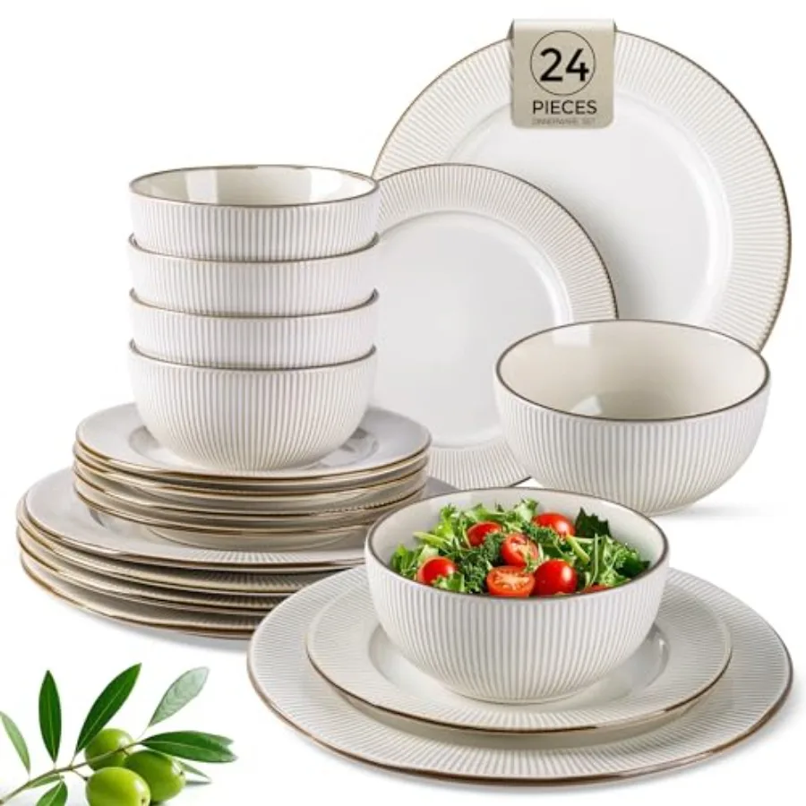 

Ceramic Dinnerware Sets, 24 pcs Emed Elegant Stoneware Plates and Bowls Sets, Housewarming Wedding Gift Dishwasher and Microwav