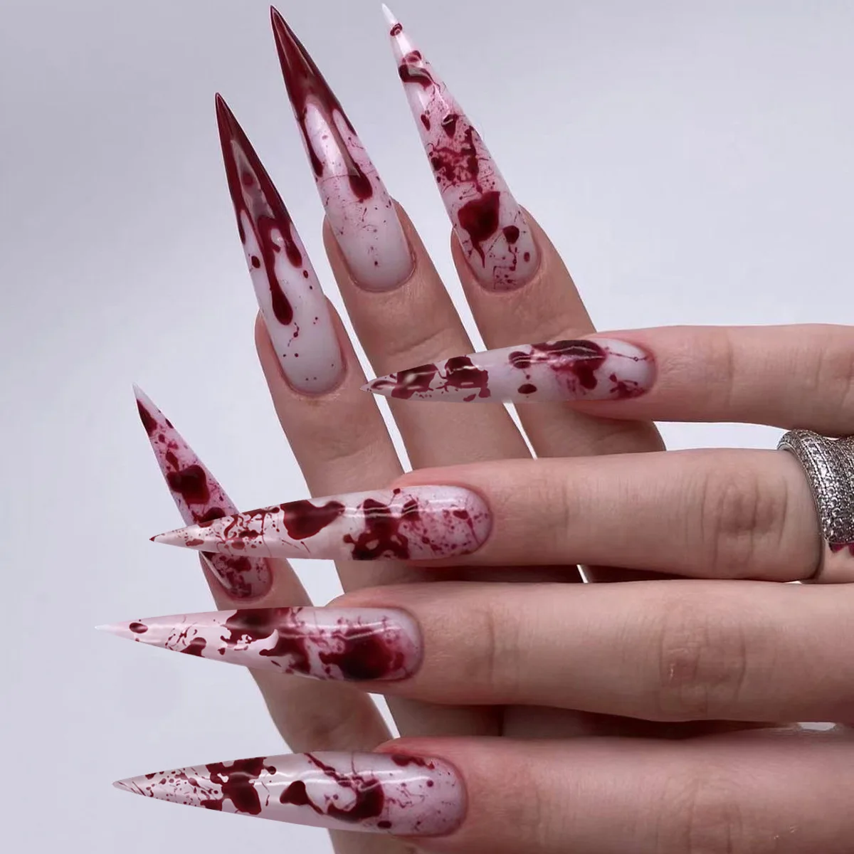 

24PCS 3D Horror Press-On Nails, Porcelain White Almond Shape with Realistic Blood Drip Effect False Nail For Women Girl