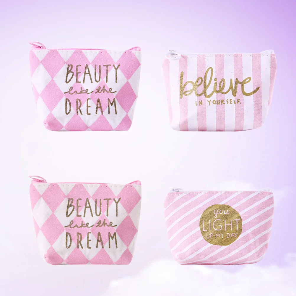 

4Pcs Canvas Coin Purses Cute Cartoon Print Change Pouch for Women Mini Wallet Zipper Holder Small Item Organizer