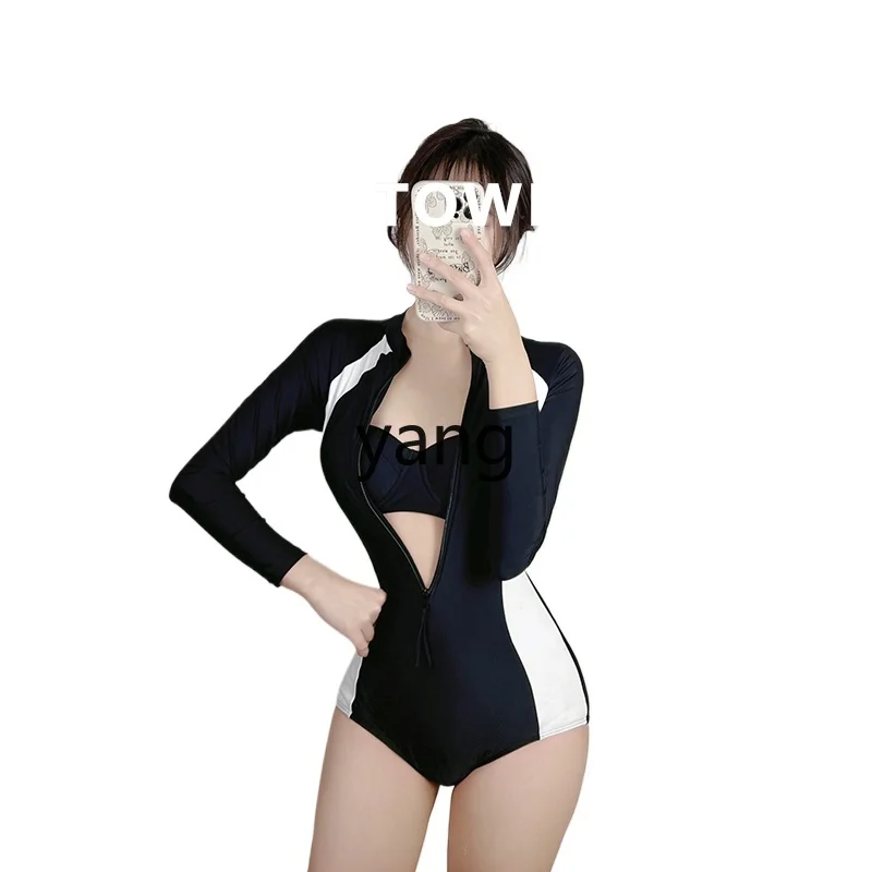 

LMM Retro Black Long Sleeve Sunscreen Belly Skinny One-piece Swimsuit Female Conservative Hot Spring