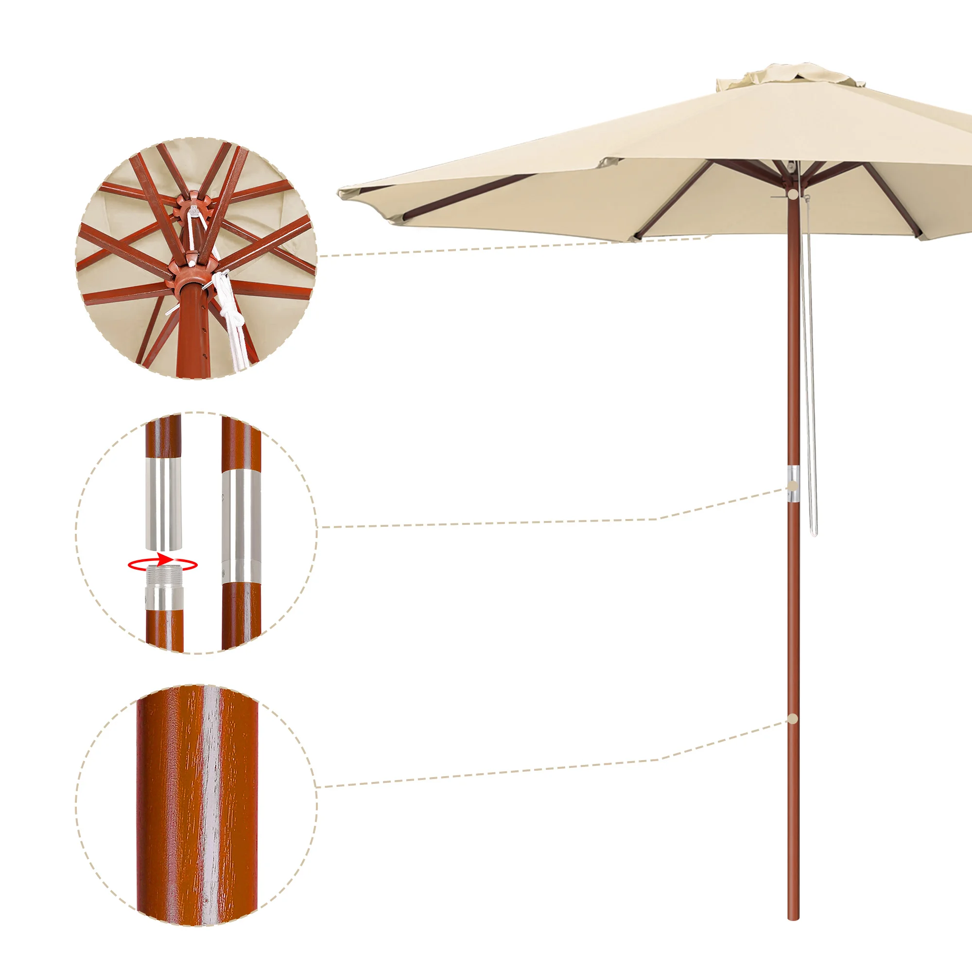 Stylowy drewniany parasol 9-stopowy parasol ogrodowy z drewnianymi żebrami i słupkiem - parasol rynkowy z aluminiową ramą na podwórkach, tarasów