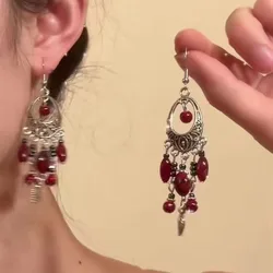Bohemian Beaded Tassel Geometric Earrings Retro Ethnic Fashion Flower Carved Dangle Long Earrings for Women Indian Jewelry