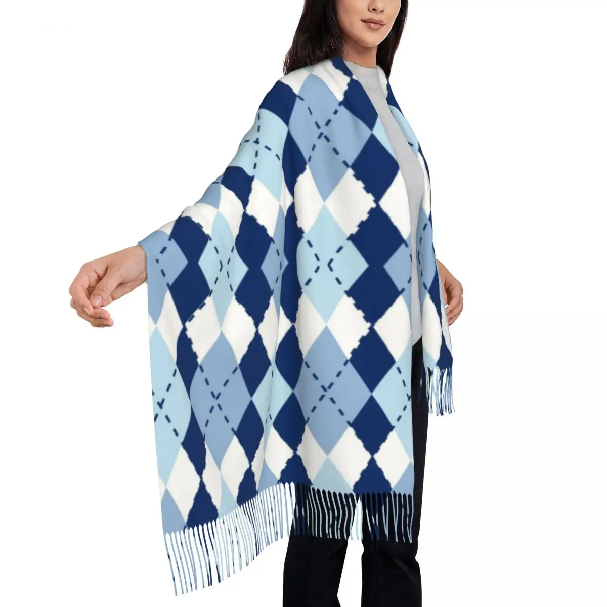 Lenço argyle azul com borla para mulheres xales e envoltórios macios e quentes grande outono inverno xale envoltório
