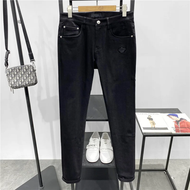 

Мужские джинсы прямого кроя Slim Fit из плотного денима, зимние, новые, чисто черные, повседневные, длинные, модные, в городском стиле