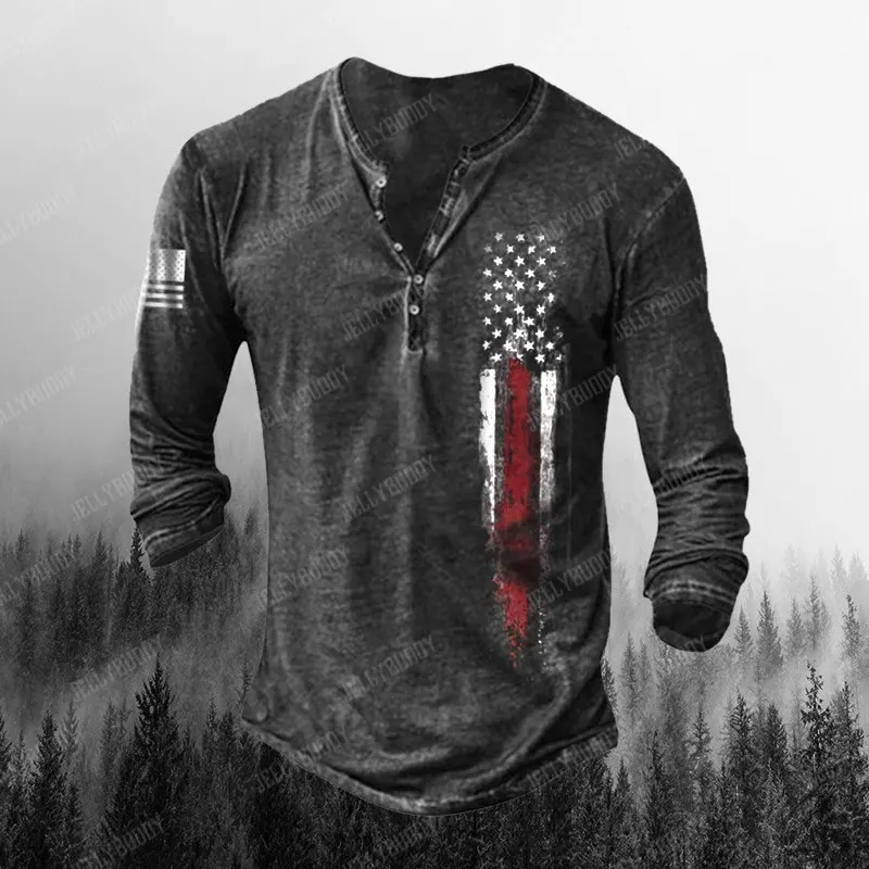 Mens Outdoor Vintage Long-sleeved Henley T-Shirt Oversized Sweatshirt Spring Long Sleeve Hip Hop shirt Male Clothing