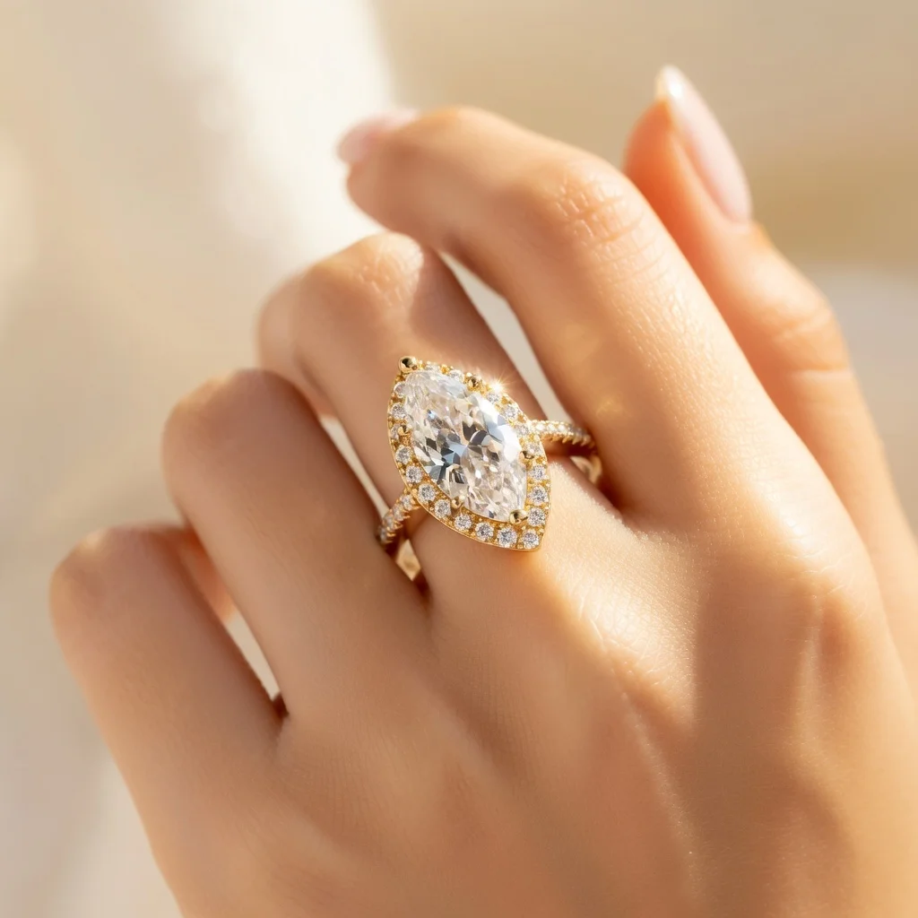 

Роскошное кольцо с моассанитом 1 карат в оправе маркиз и ореолом из золота 18 карат для женщин, сверкающее обручальное/свадебное кольцо