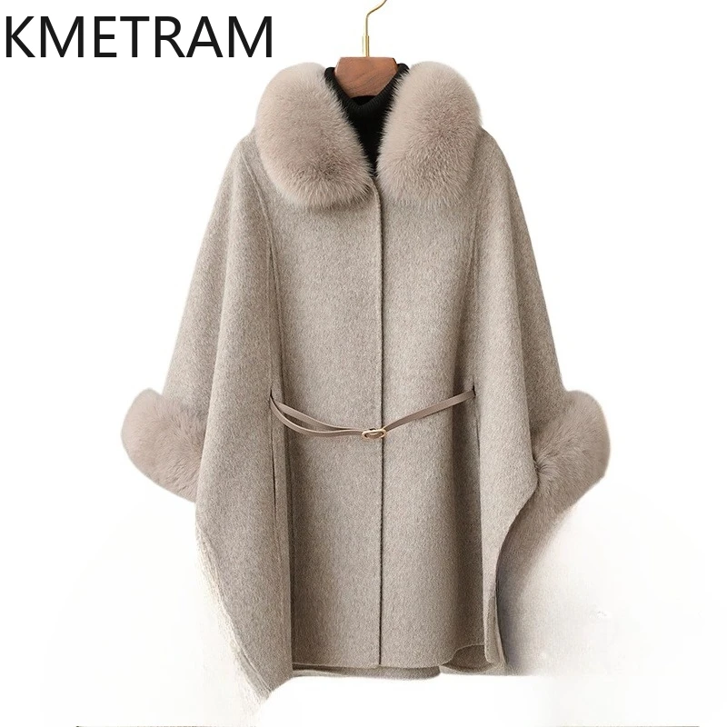 100% Natural Wool Cloak with Fox Fur Collar Winter Real Fur Coat Woman Luxury Party Shawl Coats Women Clothing 2025 шуба женская