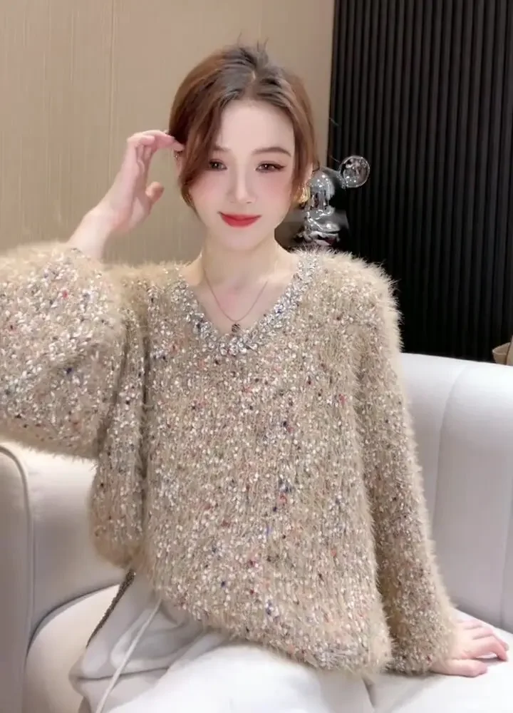 Diamonds Color Dot Mink Hair Knitted Sweater Sweet Loose V Neck Long Sleeve Elegant Pullovers 2024 Autumn Winter New Fashion