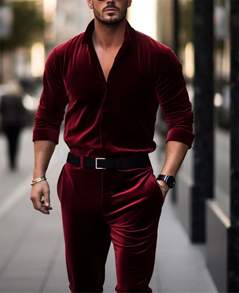 Men's Business Straight Leg Pockets Shirt Collar Velvet Jumpsuit