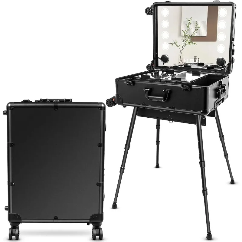 

Aluminum Trolley Makeup Train Case with 8 LED Light 24'' Rolling Organizer Make up Artist Free Standing Box with Mirror