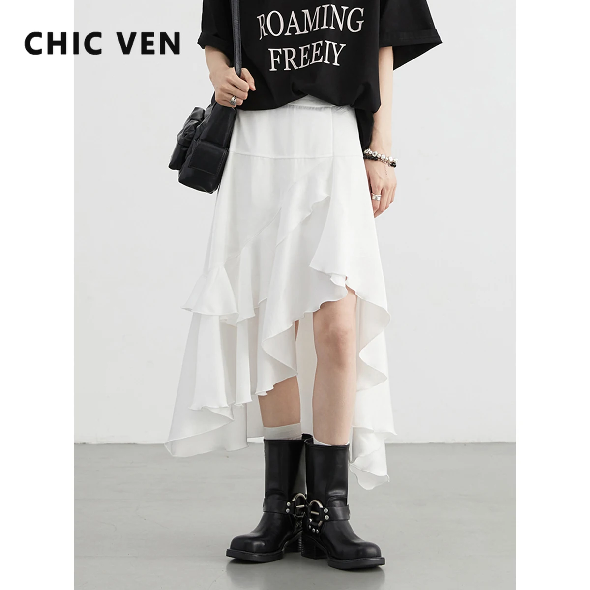 CHIC VEN Women Skirts Korean Soild High Waisted Irregular Ruffled Edge Skirt A-line Medium Length Fashion Skirt Summer New 2024