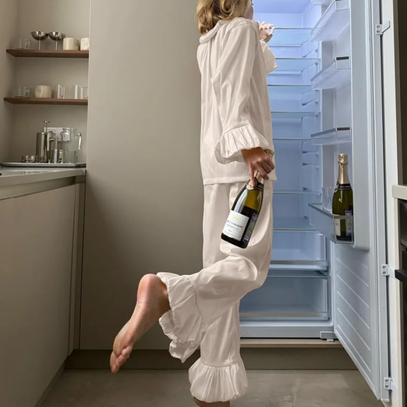 Tuularose Loose Home Clothes Women Long Sleeve Nightgown Sexy Turn-Down Collar Sleepwear Pants Casual Ladies Pajama 2 Piece Set