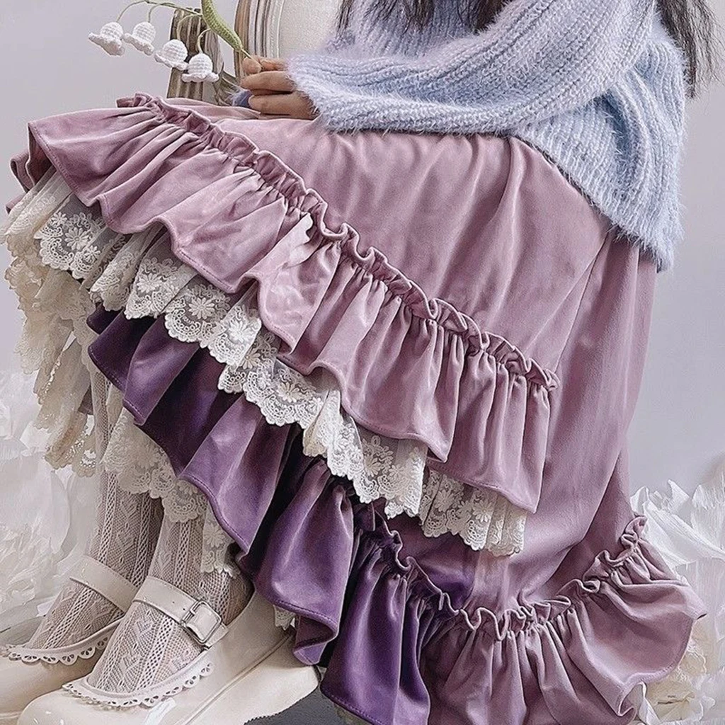 Retro Lace Patchwork Pleated Kawaii Pleated Skirt for Women, Lolita Designer High-Waisted Irregular Line Cake Skirt