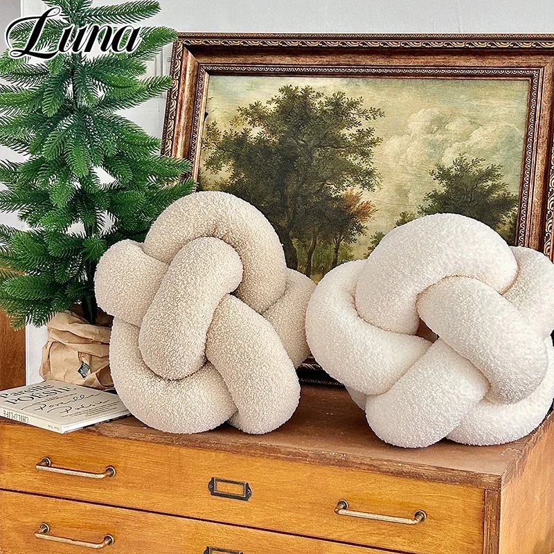 

Artificial Lamb Wool Knot Round Pillow for Sofa Decorative Solid Color Hand Woven Throw Pillows Soft Elastic Plush Chair Cushion