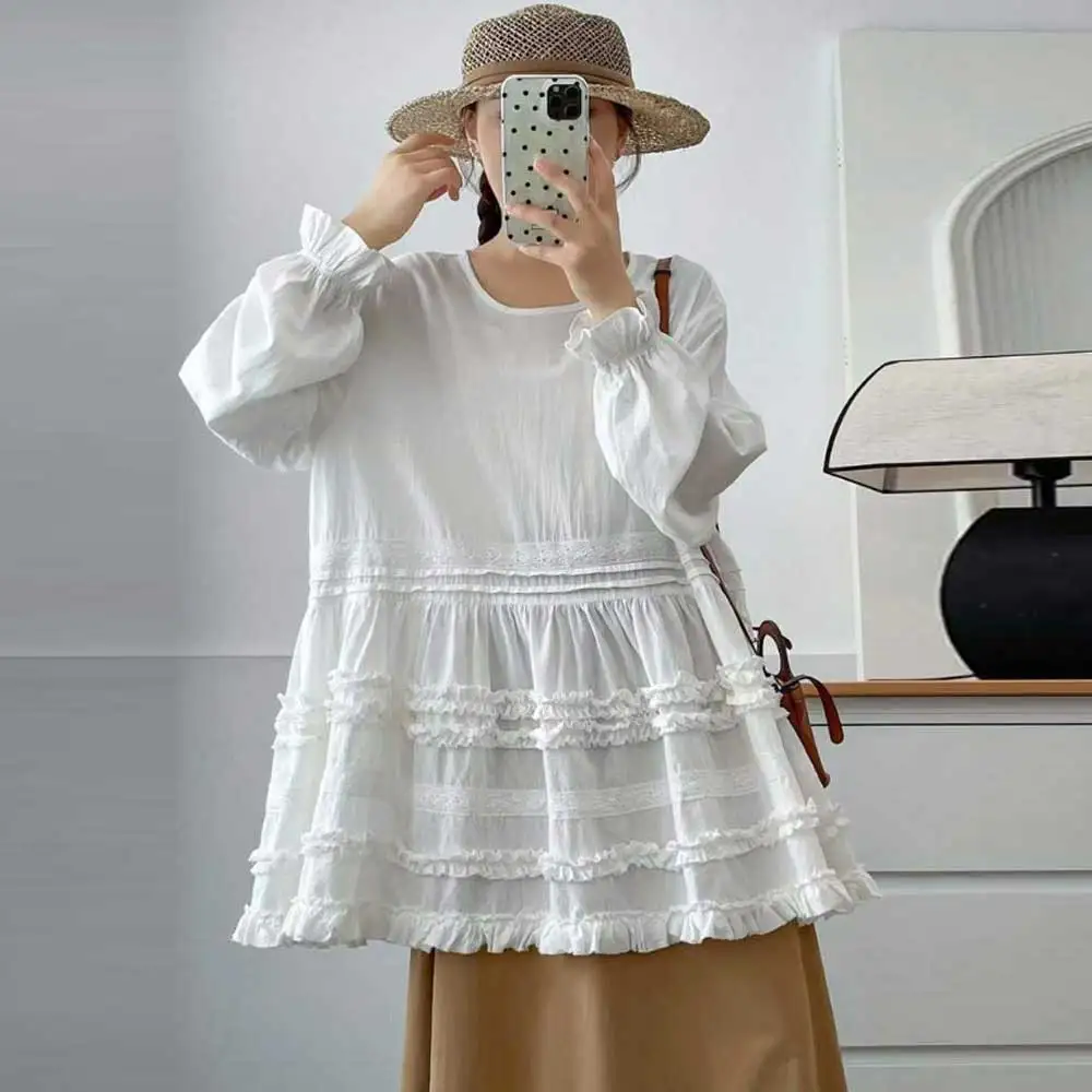 

Japanese Sweet Mori Girl Solid Color Edible Tree Fungus Hem Shirts Women Autumn O-Neck Long Sleeve Casual Pullover Blouse Tops
