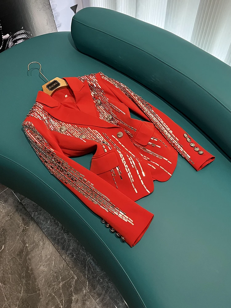 

Женский элитный длинный костюм-свеча с красными блестками Embellied Heavy Work Diamond Jaet, верхняя одежда для поездок на работу, облегающий крой