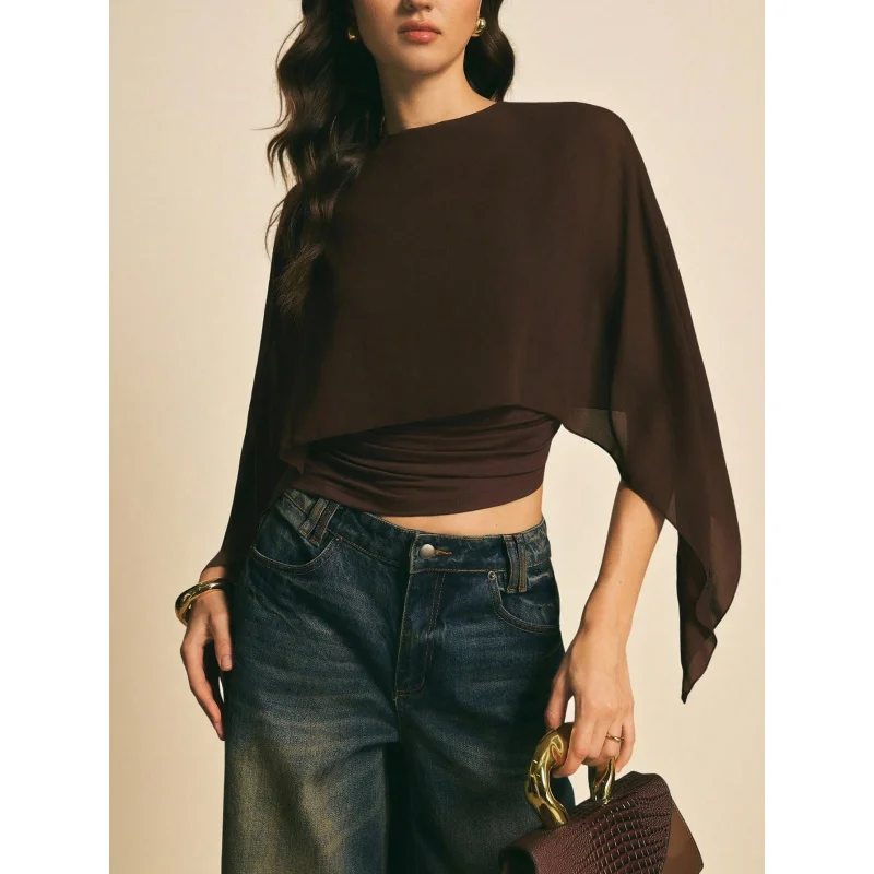 Women'S Coffee Chiffon Cape Two-Piece Irregular-Shirt