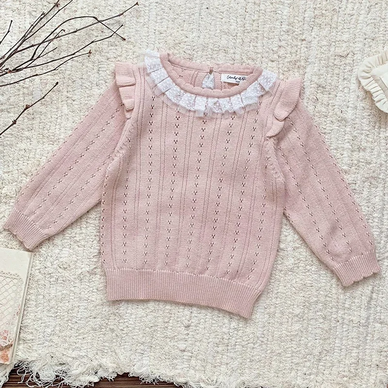 Toddler Baby Girl Pullover Lace Collar Frills Sweater Girls Long Sleeve Warm Children Knitted Top Casual Outerwear Kids Clothes