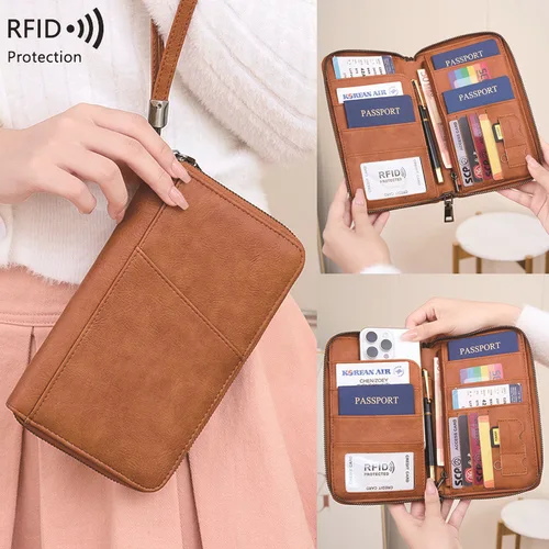 Imagen 2 del producto Nueva cartera con Clip para pasaporte de viaje para mujeres y hombres, tarjetero multifuncional de cuero PU RFID, billeteras antirrobo, bolsa de almacenamiento