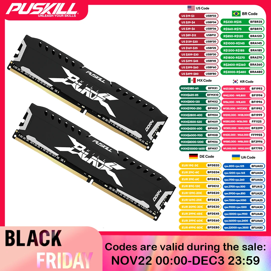 Memória do computador PUSKILL Desktop, UDIMM Cooling Vest, RAM DDR4, 16GB, 8GB, 1.2V, 3200MHz, 2666MHz