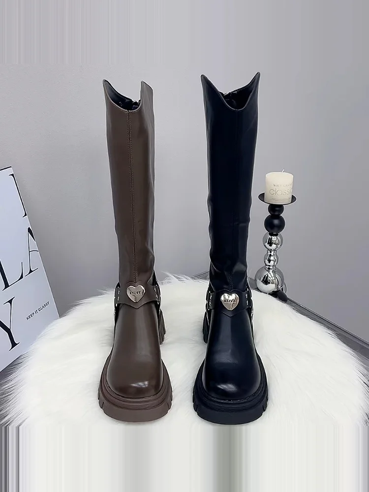 

Женские высокие сапоги из натуральной кожи на толстом каблуке, новинка 2026 года, осенне-зимние, в британском стиле, выше колена