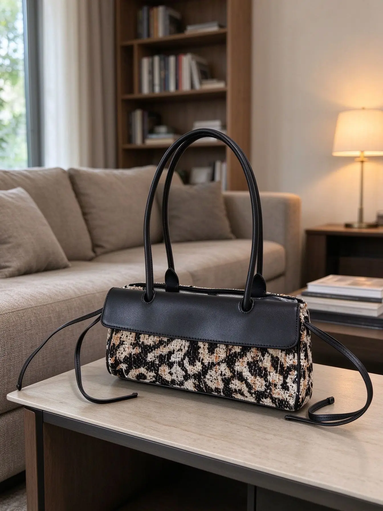 Unisex Leopard Print Tweed Shoulder Bag Leather Spliced Flap Handbag Retro Woven Fabric Top Handle Crossbody Bag