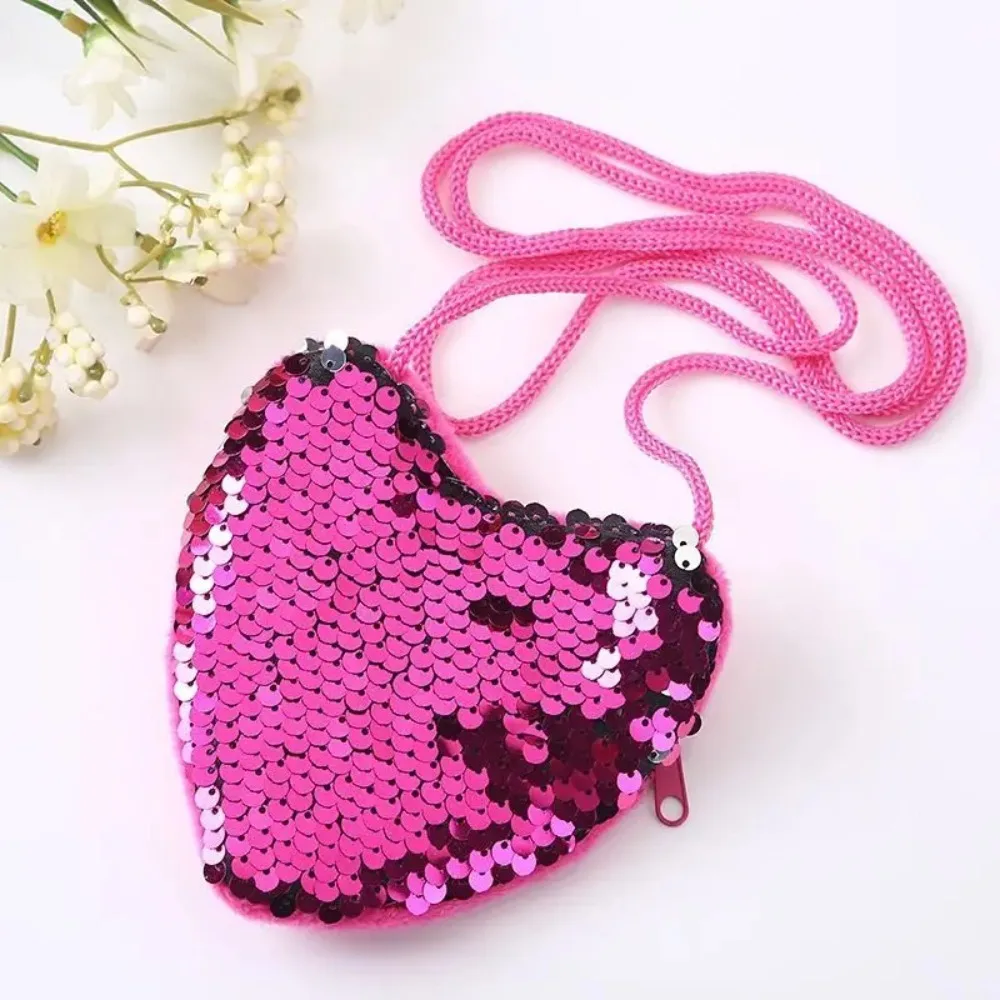 Sequins Heart Shape Kids Coin Purse Cute Shoulder Handbag Backpack Baby Girls Small Crossbody Bag Lanyard Children Gift Wallet