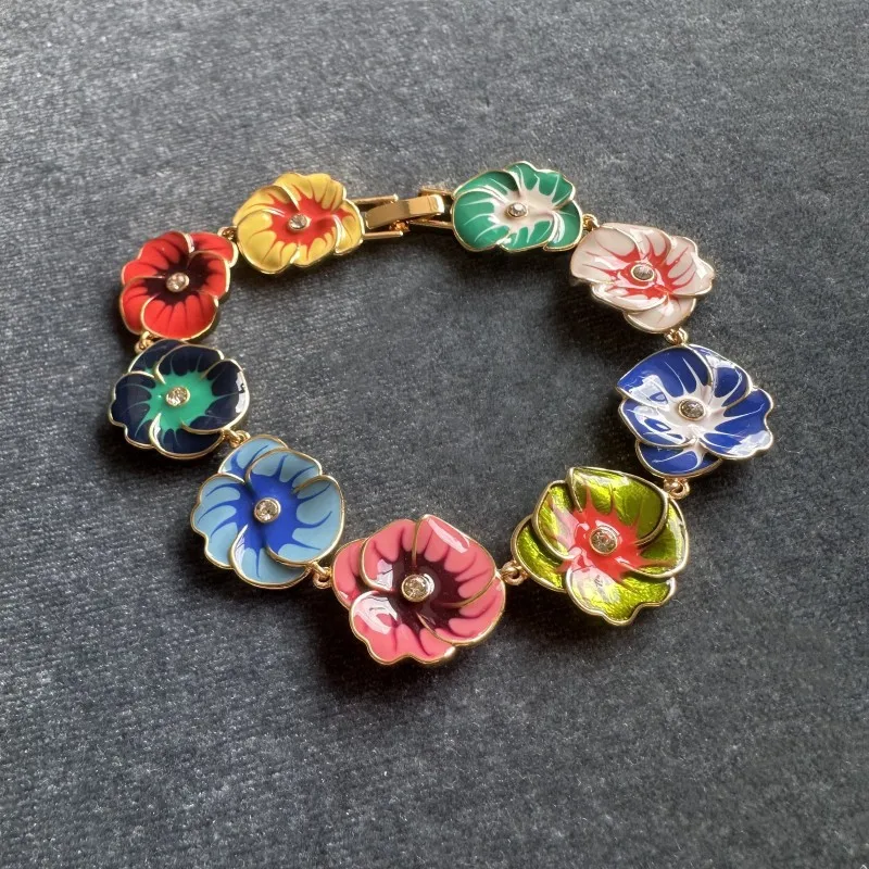 

VKVVA Fashion Jewelry Vintage Gold-plated Colorful Enamel Brushed Rhinestone Inlaid Tri-Color Flower Bracelet