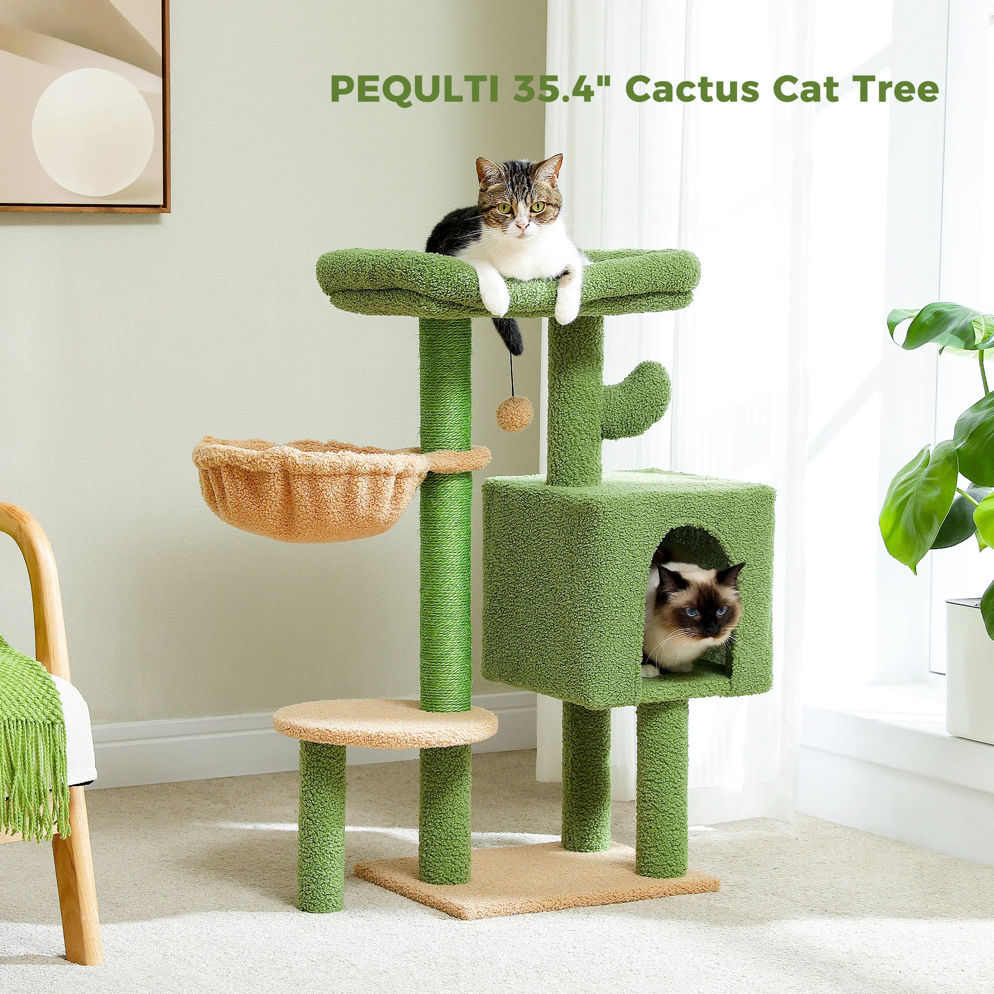 Cat Tree Cute Cat Tower with Padded Top Perch Comfy Hammock Private Condo Fully Scratching Post and Dangling Bell Ball