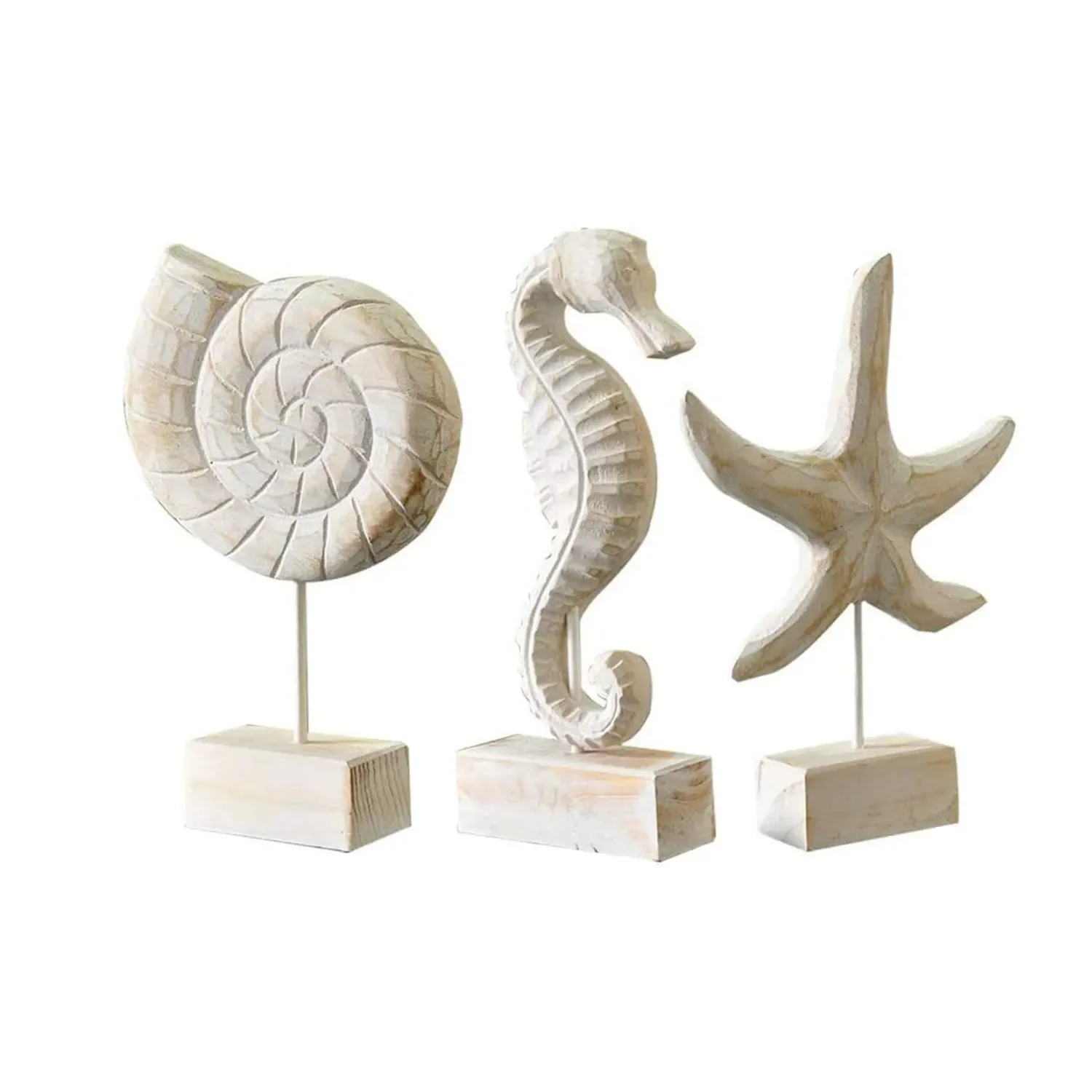 3Pcs Modern Wood Sculpture Home Decor Statue Starfish Conch Seahorse Figurines Beach Nautical Style Table Sculpture