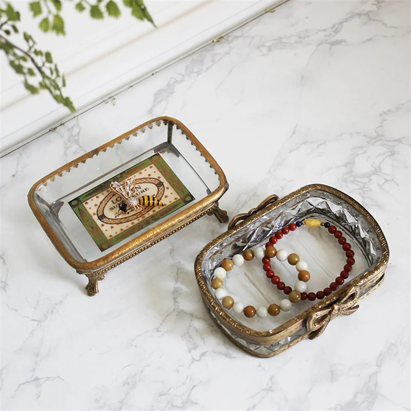 

Nordic Bathroom Vanity Brass Glass Retro Creative Soap Box Rack Bow Jewelry Storage Tray Bathroom Storage