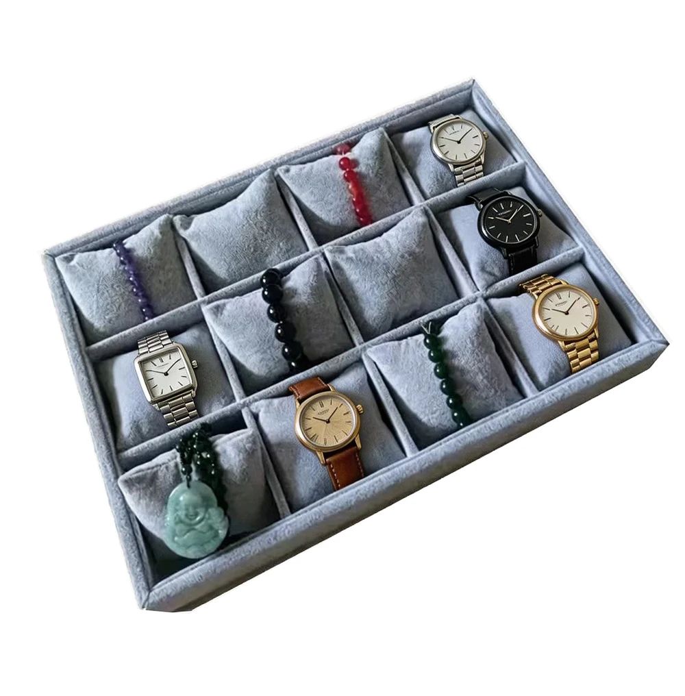 

Бархатный лоток-органайзер для украшений: подставка для браслетов, 12-секционный бокс для часов, держатель для цепочек, подушечки для серег и кулонов