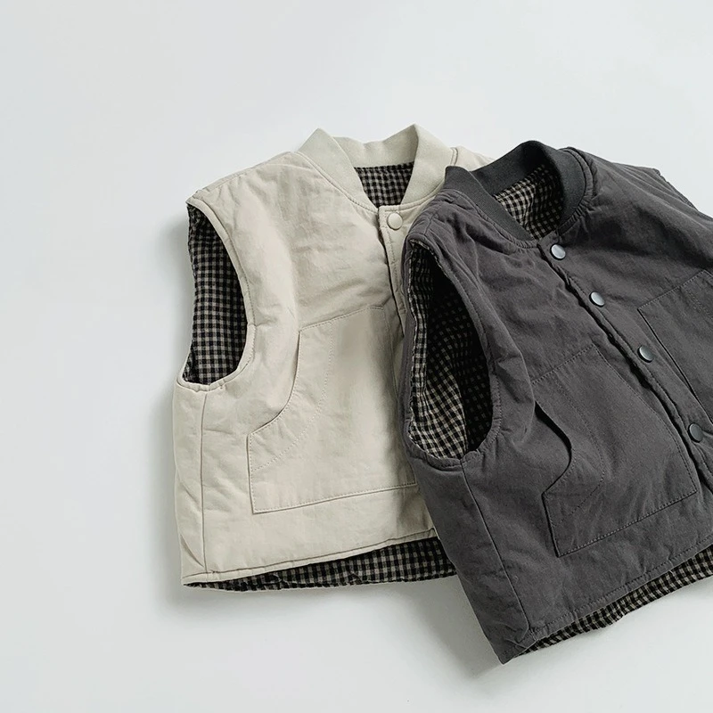2026 New Winter Unisex Kids Double-Sided Cotton Padded Vest Fashion Plaid Boys Girls Waistcoat Children Thicken Warm Outerwear