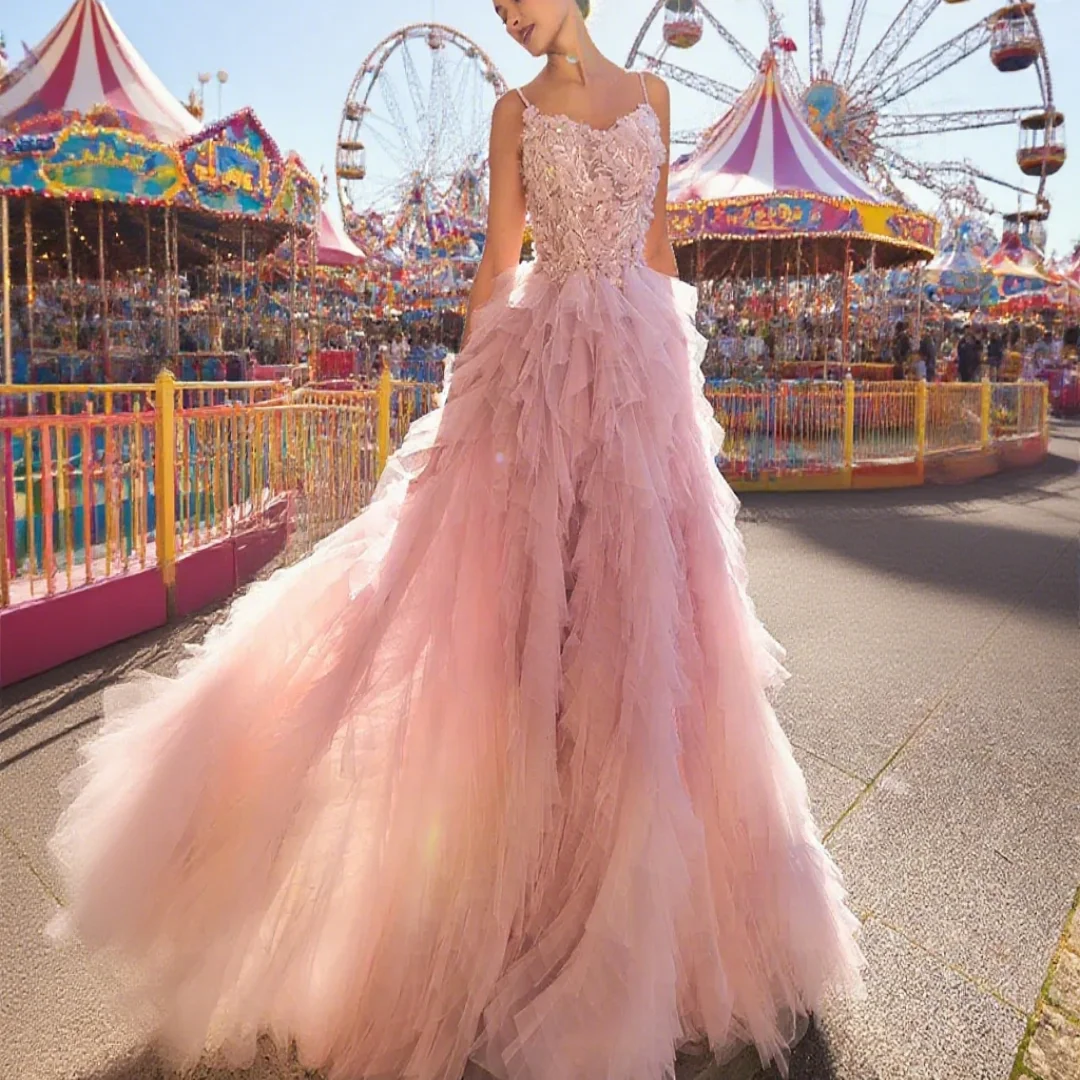

Customized sexy layered chiffon thin shoulder strap floral appliqués women's formal party evening dress