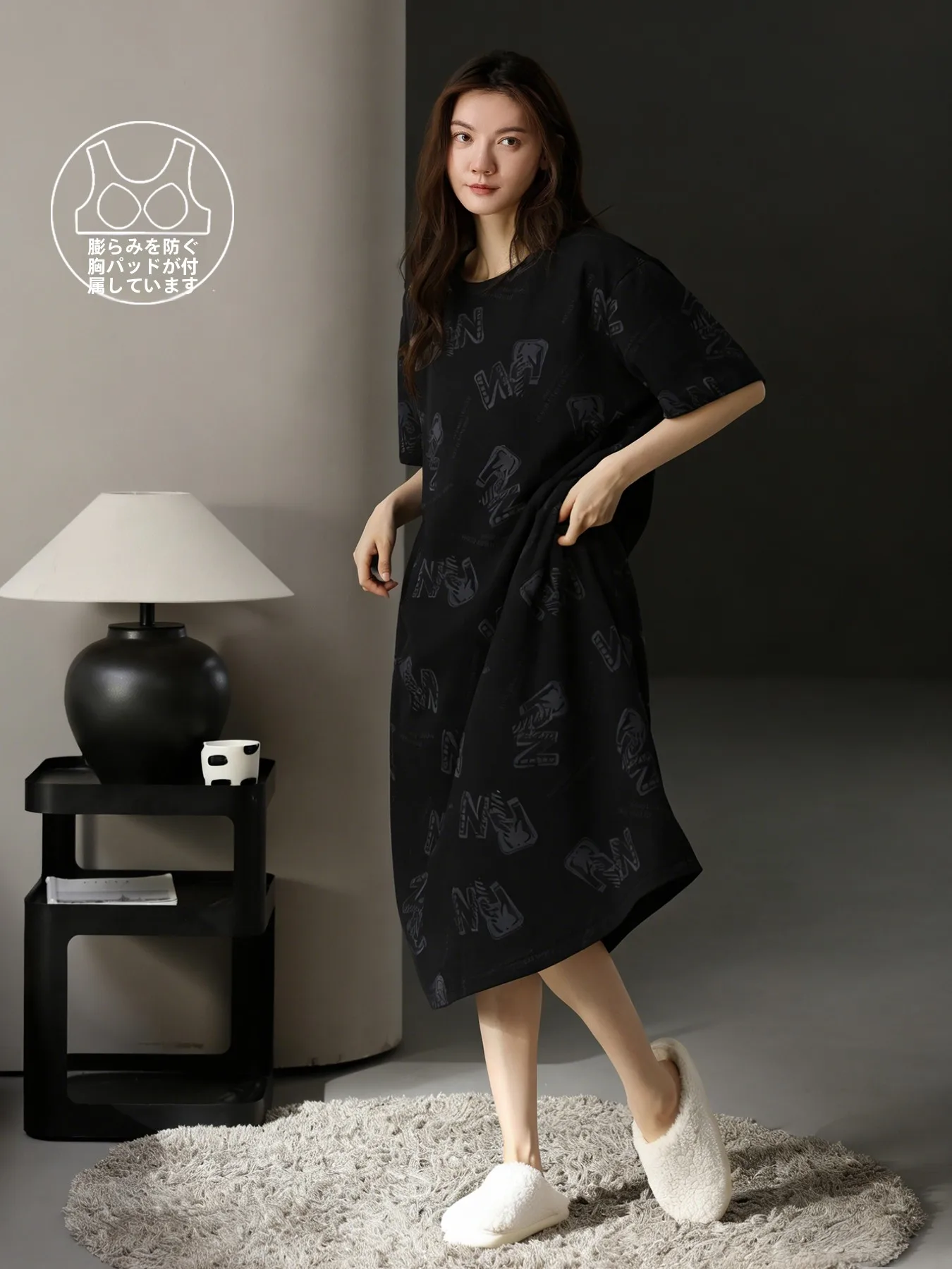 純綿女性用寝間着夏用ソフトコットンナイトガウン胸パッド付き半袖ミディドレス快適なホームウェア