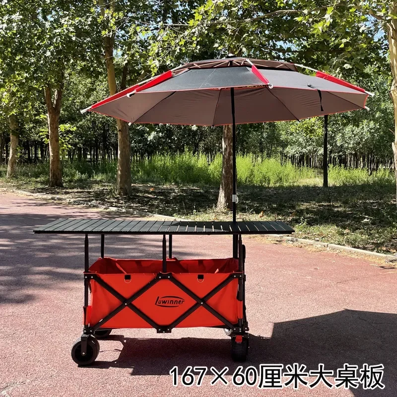 167x60cm Extended Liftable Folding Stall Cart with Parasol Mobile Food Vendor Table for Ice Powder Dining Street Business