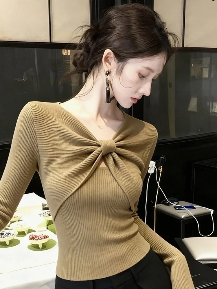 시크 롱 니트 스웨터 트위스트 매듭 여성 슬림핏 이너웨어 탑 패셔너블 가을 겨울 날씬해 보이는