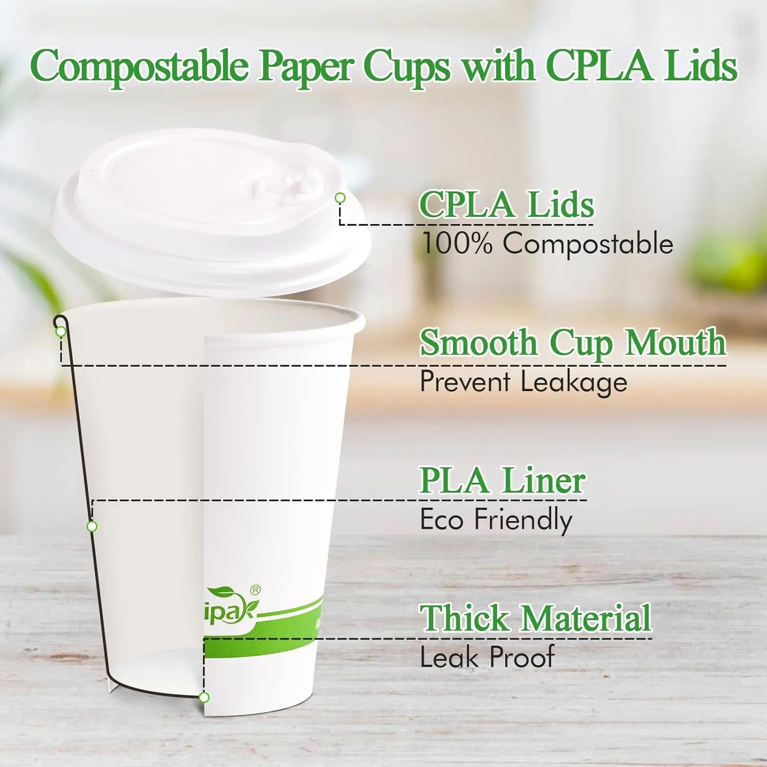 100 Count 12 oz Compostable Paper Coffee Cups, Biodegradable Disposable Coffee Cups with CPLA Lid, Eco-friendly Hot Drin