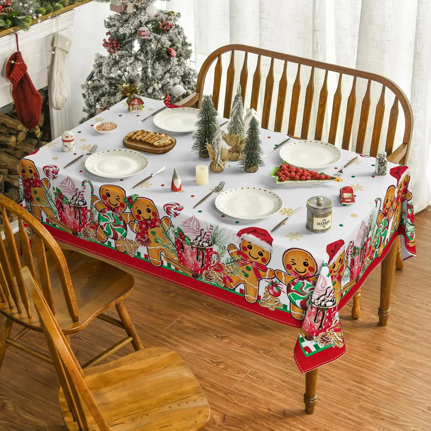 2DTablecovers1pc Horal Christmas table cloth decorated with gingerbread man shape, cute Christmas bear ball decoration