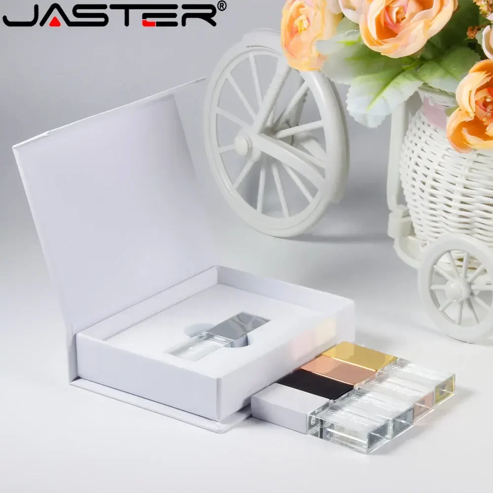 Unidade flash usb de cristal 128gb logotipo grátis usb 2.0 memória vara 64gb pen drives com caixa 32gb presente de casamento pendrive 16gb u disco