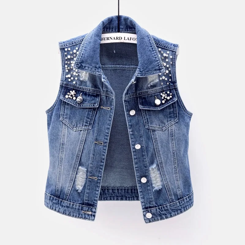 Women's Short Denim Vest Spring Summer Washed Hole Pearl Embellished Sleeveless Jacket Slim Fit Casual Style Inner Wear