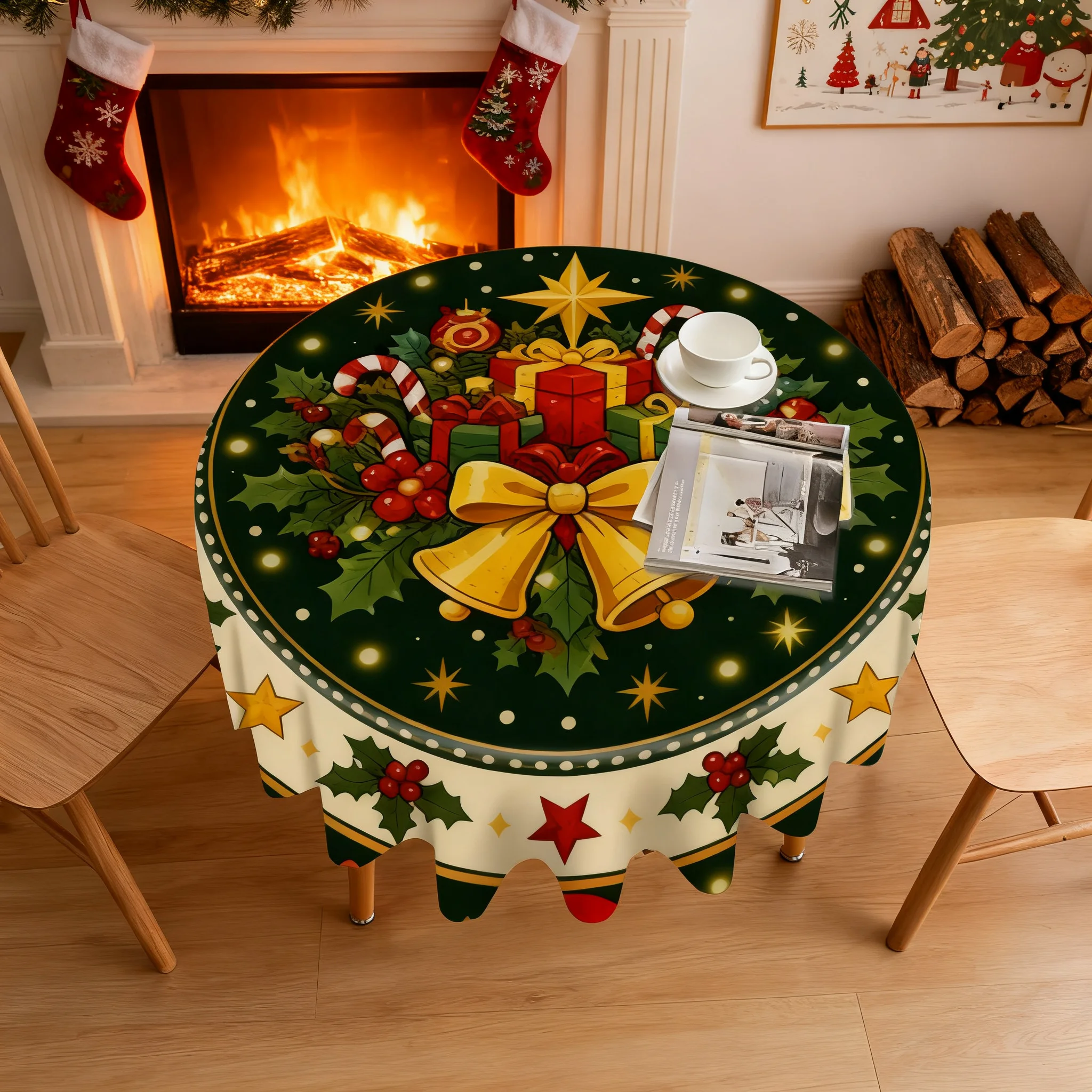 Christmas Round Tablecloth, Holly Bell Gift Box Print Table Cover, Waterproof Polyester Table Cloth for Home Kitchen Dining Table Holiday Party Decoration