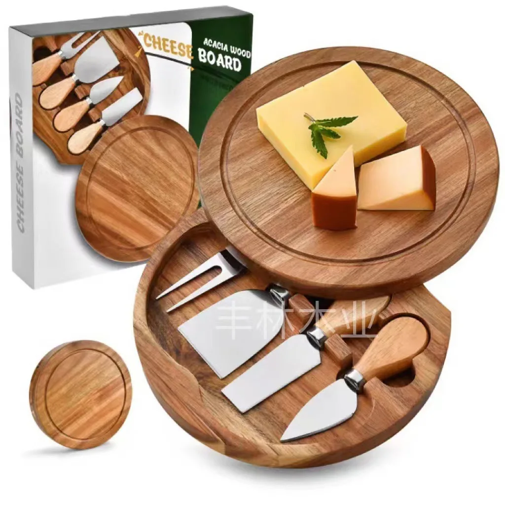 Acacia wood circular cheese cheese plate, pizza bread, fruit knife box combination set, ceramic dining plate, picnic plate