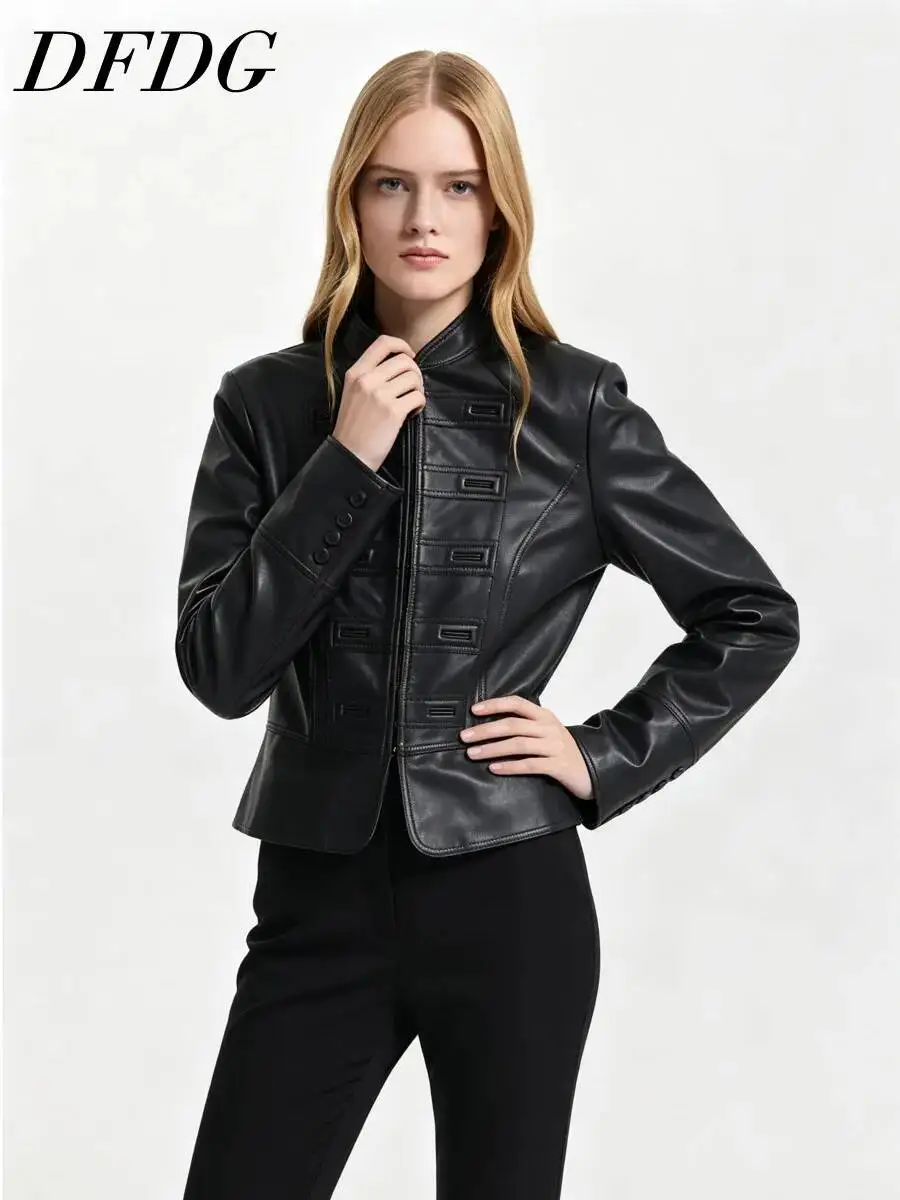 DFDG Women 2026 Spring Autumn Faux Leather Jacket Mandarin Collar Stitch Grid Decor Slim Long Sleeve Vintage Short Outer Coat