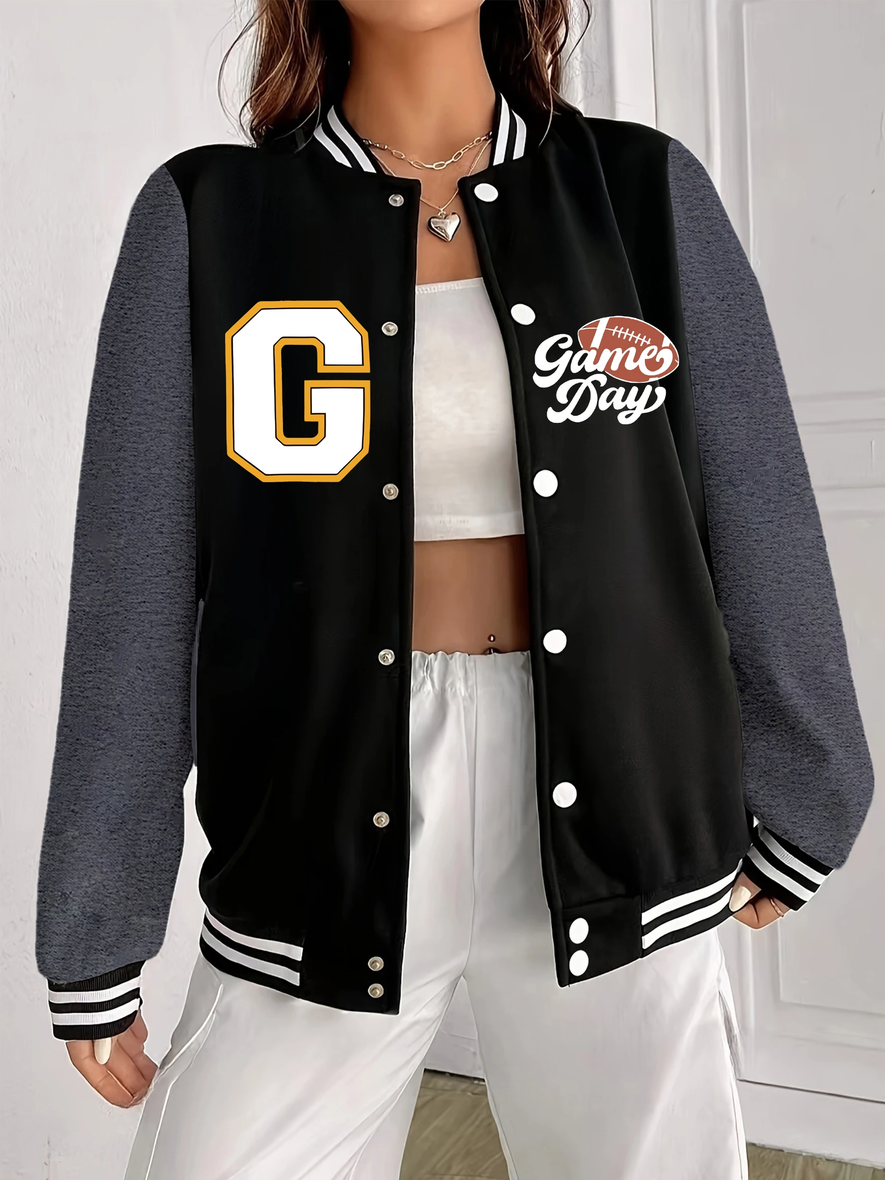 Giorno del gioco di rugby Giacche con stampa Donna Uniforme da baseball in pile americano Autunno Donna oversize Abbigliamento sportivo Abbigliamento morbido Y2K