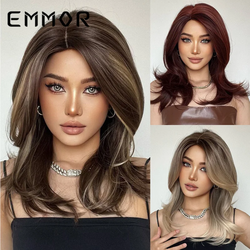 New gradient side-parted outwardly flipped French bangs, slightly curled medium-long synthetic fiber full-head wig